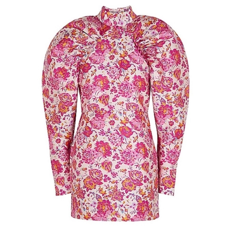 Rotate Birger Christensen Pink Floral Puff Sleeve Dress Size Medium - Picture 3 of 11